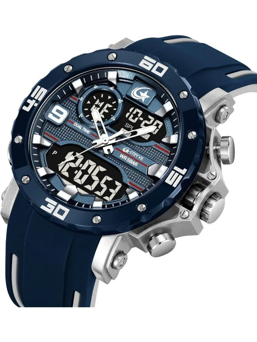 Men's Blue Analog Quartz Silicone Band Waterproof Multifunction Digital Watch